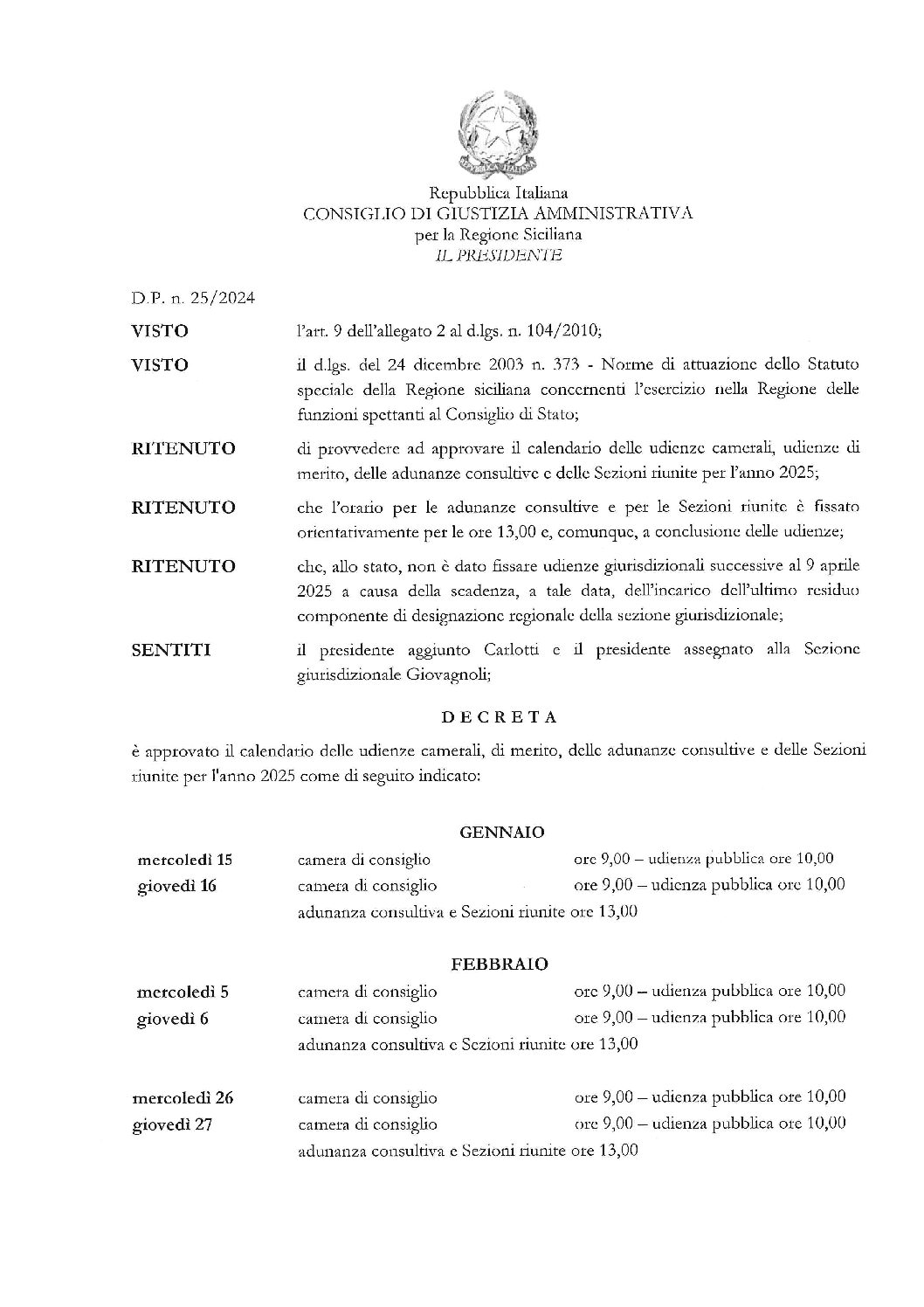 LE DATE DI UDIENZA DEL CGARS PER IL 2025