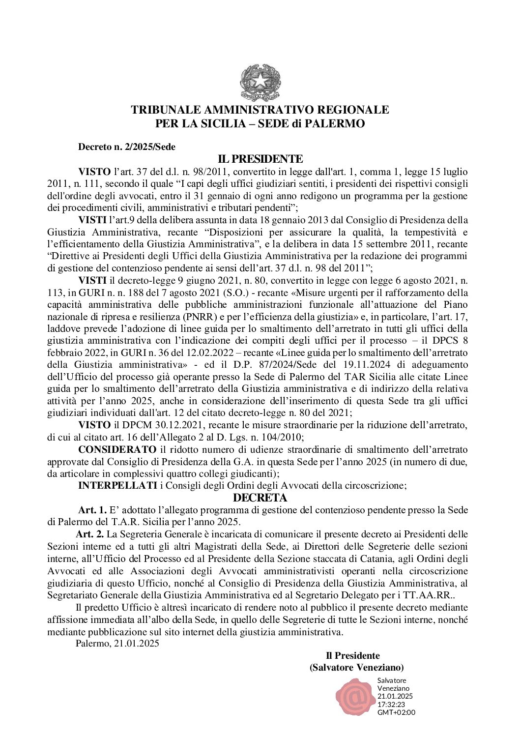 DECRETO N. 2/2025 DEL SIG. PRESIDENTE DEL TRIBUNALE AMMINISTRATIVO DELLA SICILIA – ANNO 2025 – GESTIONE DEL CONTENZIOSO PENDENTE