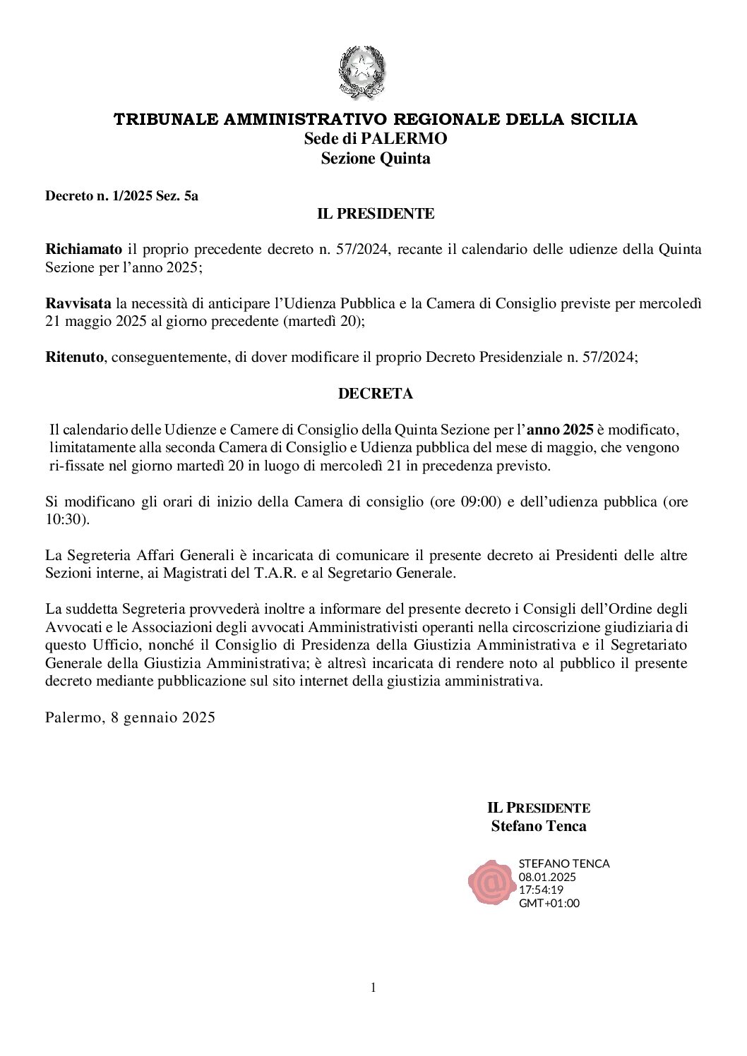 DECRETO DEL PRESIDENTE DELLA V SEZIONE DEL TAR SICILIA – PALERMO DI  MODIFICA DEL CALENDARIO DELLE UDIENZE